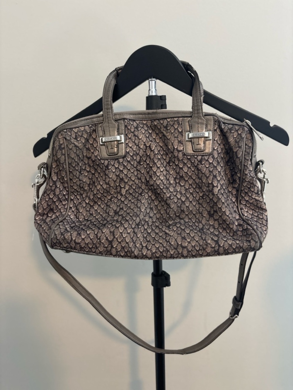 Coach Everyday Satchel Crossbody Bag Snakeskin Print Brown Taupe Leather Trim